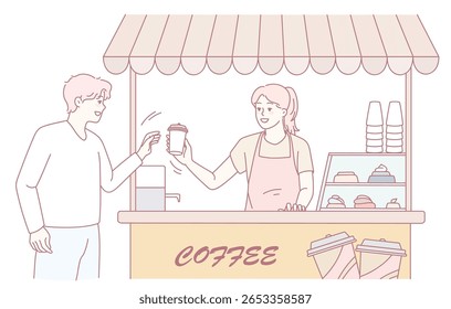 A customer approaches a lively coffee stand and buys a delightful cup from a friendly, smiling barista