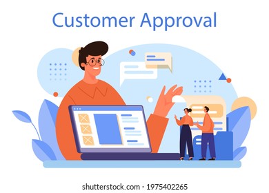 Customer approval concept. Marketing program development for client retention and loyalty. Idea of relationship with customers and website feedback. Flat vector illustration