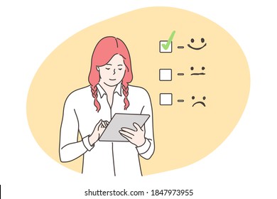 Customer assessment, business, feedback concept. Smiling businesswoman consumer cartoon character giving excellent rank comment for online survey. Marketing research and client experience illustration