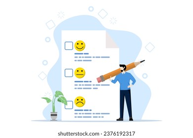 Customer assessment concept. Feedback from consumers liking products and services, customer satisfaction benchmark, man holding pencil giving rating on questionnaire with happy, neutral and angry face