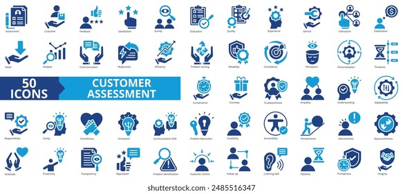 Customer assessment icon collection set. Containing service, feedback, satisfaction, survey, evaluation, quality, experience icon. Simple flat vector illustration.