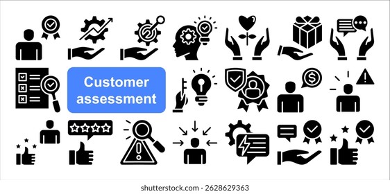 Conjunto de coleta de ícones de avaliação do cliente. Contendo serviço, feedback, satisfação, pesquisa, avaliação, qualidade, ícone de experiência. Ilustração simples de vetor plano.