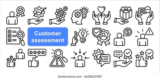Customer assessment icon collection set. Containing service, feedback, satisfaction, survey, evaluation, quality, experience icon. Simple line vector illustration.