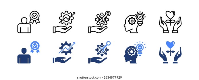 Customer assessment icon set with Credibility, Efficiency, Service, Understanding, Gratitude.