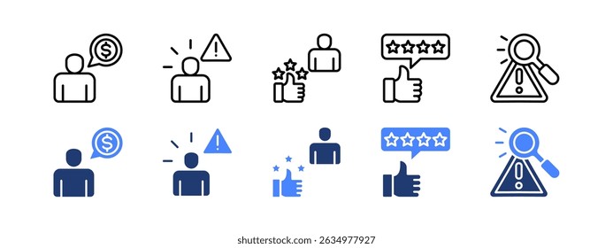 Kundenbewertungs-Icon mit Erwartungen, Interaktion, gutem Feedback, Bewertung, Identifizierung.