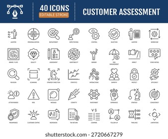 Conjunto de iconos de evaluación del Cliente. Incluye servicio,
Comentarios, satisfacción, Encuesta, evaluación,
calidad, experiencia. Ilustración vectorial con
trazos editables