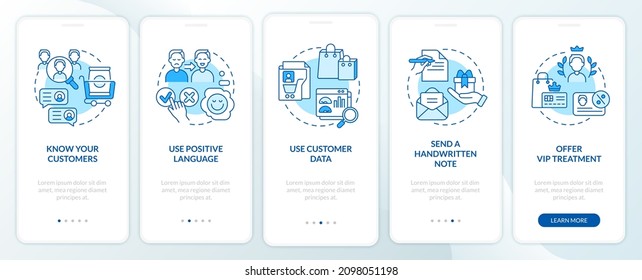 Customer assistance tips blue onboarding mobile app screen. Walkthrough 5 steps graphic instructions pages with linear concepts. UI, UX, GUI template. Myriad Pro-Bold, Regular fonts used