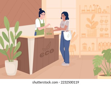 Customer and assistant at eco store flat color vector illustration. Organic cosmetics purchase. Fully editable 2D simple cartoon characters with shop on background. Nerko One Regular font used