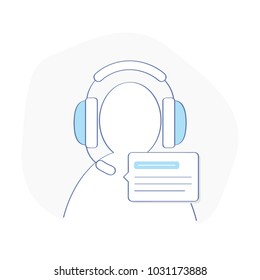 Customer assistant support headset, consultant headphone for calls with supporter silhouette. Technical online operator help line, help desk concept. Flat outline vector on white background.