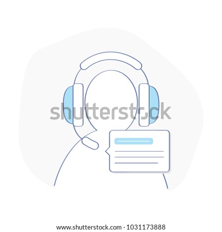 Customer assistant support headset, consultant headphone for calls with supporter silhouette. Technical online operator help line, help desk concept. Flat outline vector on white background.