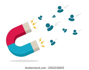 Customer attracting magnet icon vector graphic concept illustration flat cartoon, client loyalty retention marketing funnel, users sales engaging modern design image clip art on white background