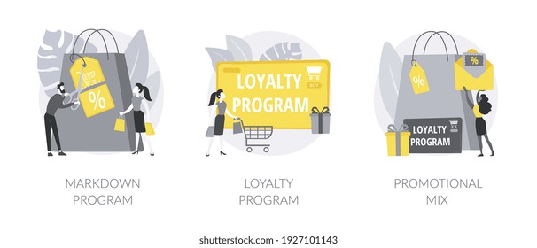 Customer attraction abstract concept vector illustration set. Retail markdown, loyalty program, promotional mix, selling strategy, coupon special discount, in-store sale, low price abstract metaphor.