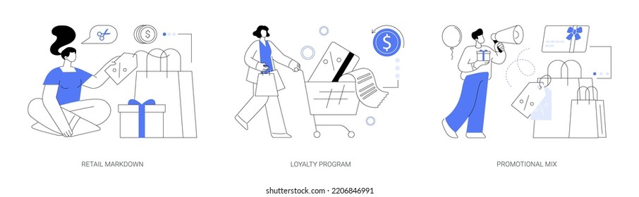 Customer attraction abstract concept vector illustration set. Retail markdown, loyalty program, promotional mix, selling strategy, coupon special discount, in-store sale, low price abstract metaphor.