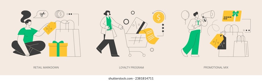 Customer attraction abstract concept vector illustration set. Retail markdown, loyalty program, promotional mix, selling strategy, coupon special discount, in-store sale, low price abstract metaphor.
