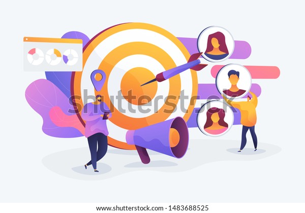 Customer attraction campaign, accurate\
promo, advertising business. Market segmentation, adverts, target\
market, target group, target customer concept. Vector isolated\
concept creative\
illustration