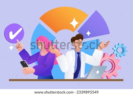 Customer attraction campaign. Business Marketing illustrations. man and woman taking part in business activities. Group of happy businessmen sharing ideas and making presentation. vector illustration. 商業照片 © 