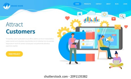 Plantilla de la página de aterrizaje de atracción del cliente, análisis de la demanda del consumidor, obtener comentarios del cliente sobre banners vectoriales planos establecidos. Marketing de entrada digital, trabajo con consumidores, análisis de equipo de negocios que consumen
