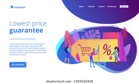 Customer attraction marketing. Shopping sale. Rewards scheme. Markdown program, promotional discount program, lowest price guarantee concept. Website homepage landing web page template.