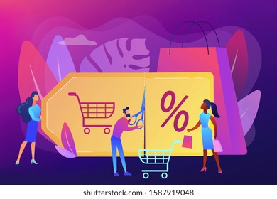 Customer attraction marketing. Shopping sale. Rewards scheme. Markdown program, promotional discount program, lowest price guarantee concept. Bright vibrant violet vector isolated illustration