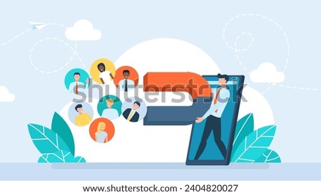 Customer attraction marketing strategy, generating new digital leads advertising concept. SEO or SMM specialist. Businessman attract money cash and new customer with big magnet. Vector illustration