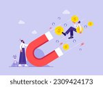 Customer attraction marketing strategy, social media audience, generating new digital leads advertising concept, businesswoman  attract money cash and new customer with big magnet