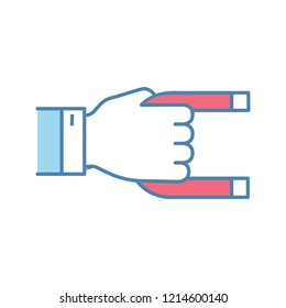 Customer attraction strategy color icon. Clients retention. Advertising campaign. Hand holding magnet. Marketing. Increasing participation, involvement and membership. Isolated vector illustration