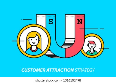 Customer attraction strategy. Colorful illustration on bright cyan background. Modern outline style. 
