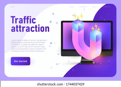 atracción del cliente, concepto de sitio web de impulso de tráfico. 3.ᵉʳ imán y escritorio realista