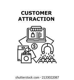 Customer Attraction Vector Icon Concept. Online Store Client Retention And Customer Attraction, Internet Shop Website For Choosing And Buying Goods. Purchasing Products Black Illustration