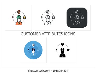 Iconos de atributos de cliente establecidos.Las etiquetas no personales agrupan los datos de comportamiento en grupos personales.Recopilación de iconos en estilos de color lineales, rellenos.Iconos vectoriales aislados