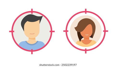 Customer audience candidate choose aim icon vector graphic illustration set, man woman focus group search sign symbol design, person leaser selection goal idea, user selection hire image clip art