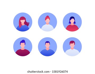 Customer avatar sign concept. Vector flat person illustration set. Collection of male and female faces in circle frame isolated on white. Design element for banner, poster, ui, app, background, web.