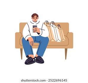 Customer with bags, packs of purchase on sale. Young man with smartphone waits on couch. Person relaxes on sofa after shopping in fashion store. Flat isolated vector illustration on white background