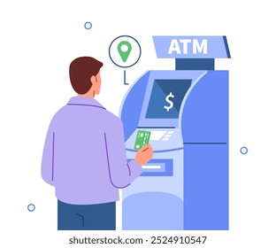 Cliente en la oficina del banco mantener la tarjeta de crédito y obtener billetes de cajero automático. Concepto de pago y retiro de efectivo. Ilustración vectorial.