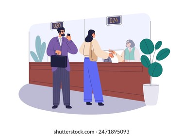 Cliente y cajero en el mostrador. Cajero detrás de la ventana en el departamento financiero. Cliente hablando con banquero, trabajador financiero en la oficina de finanzas. Ilustración vectorial plana aislada sobre fondo blanco