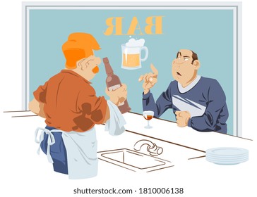 Customer at bar orders drink from bartender. Illustration concept for website and mobile website development.