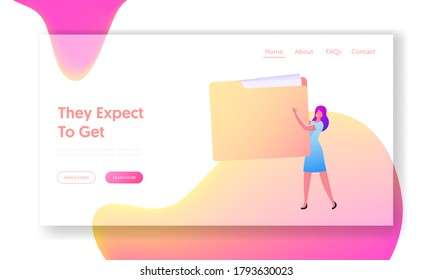 Customer Base Landing Page Template. Document Information, Database Catalog Concept. Business Woman Character with Huge Folder. Data File Archive Storage with Paper Docs. Cartoon Vector Illustration