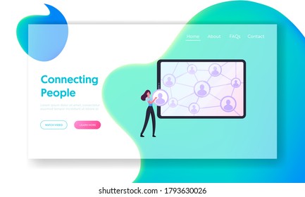 Base del cliente, Programa de referencia, Plantilla de la página de inicio de comunicación comercial. Pequeño personaje femenino en enorme dispositivo digital con red de perfiles humanos conectados. Ilustración del vector de dibujos animados