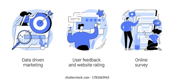 Customer behavior analysis abstract concept vector illustration set. Data driven marketing, user feedback and website rating, online survey, user data, marketing research tool abstract metaphor.