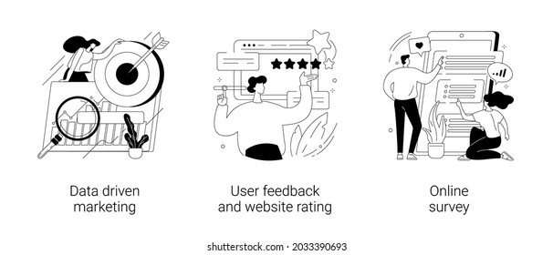 Customer behavior analysis abstract concept vector illustration set. Data driven marketing, user feedback and website rating, online survey, user data, marketing research tool abstract metaphor.