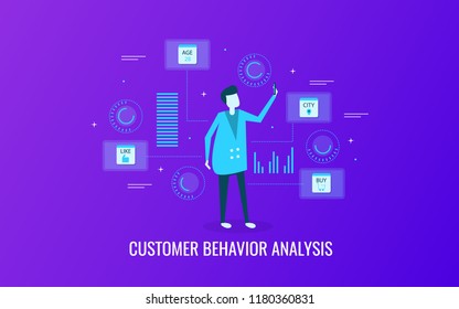 Customer behavior analysis, customer engagement, business marketing flat design vector illustration with icons and texts