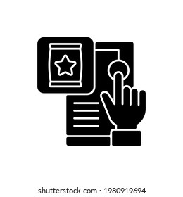 Customer behavior black glyph icon. Study of individuals and organizations and how they select and use products or services. Silhouette symbol on white space. Vector isolated illustration