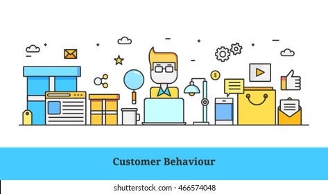 Customer behavior in on-line shopping, Behavior and decision of on-line customer vector illustration isolated on white background