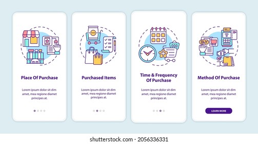 Customer behavior patterns onboarding mobile app page screen with concepts. Purchase place, items walkthrough 4 steps graphic instructions. UI, UX, GUI vector template with linear color illustrations