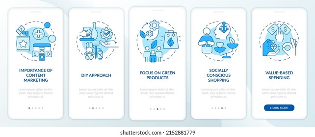 Customer behavior tendencies blue onboarding mobile app screen. Walkthrough 5 steps graphic instructions pages with linear concepts. UI, UX, GUI template. Myriad Pro-Bold, Regular fonts used
