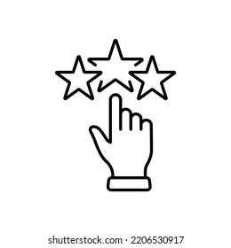 Customer Best Review Feedback Line Icon. Positive Good Quality Service Linear Pictogram. Customer Satisfaction High Rate Outline Icon. Hand and Stars. Editable Stroke. Isolated Vector Illustration.