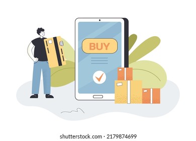 Customer with big credit card next to huge phone and purchases. Man paying via internet flat vector illustration. Online shopping, e-commerce, technology concept for banner or landing web page