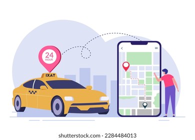 Kunden, die ein Taxi auf Smartphone mit Karte buchen. Taxi-App auf dem Bildschirm. Konzept der Taxidienste