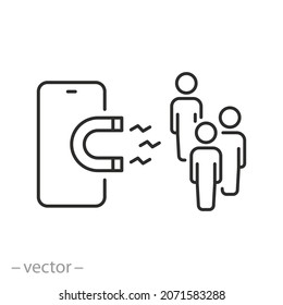 Markenmagnet-Icon, Zielstrategie, Einfluss auf soziale oder Medien, Anziehen von Benutzern, generieren Marketingleute, Bewusstsein am Telefon, Dünnzeilensymbol - bearbeitbare Schlaganzeige Vektorgrafik