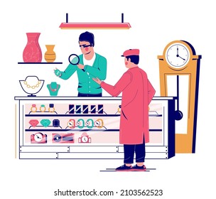 Customer bringing expensive jewelry to pawnbroker looking at it under magnifying glass, flat vector illustration. Pawn shop services.